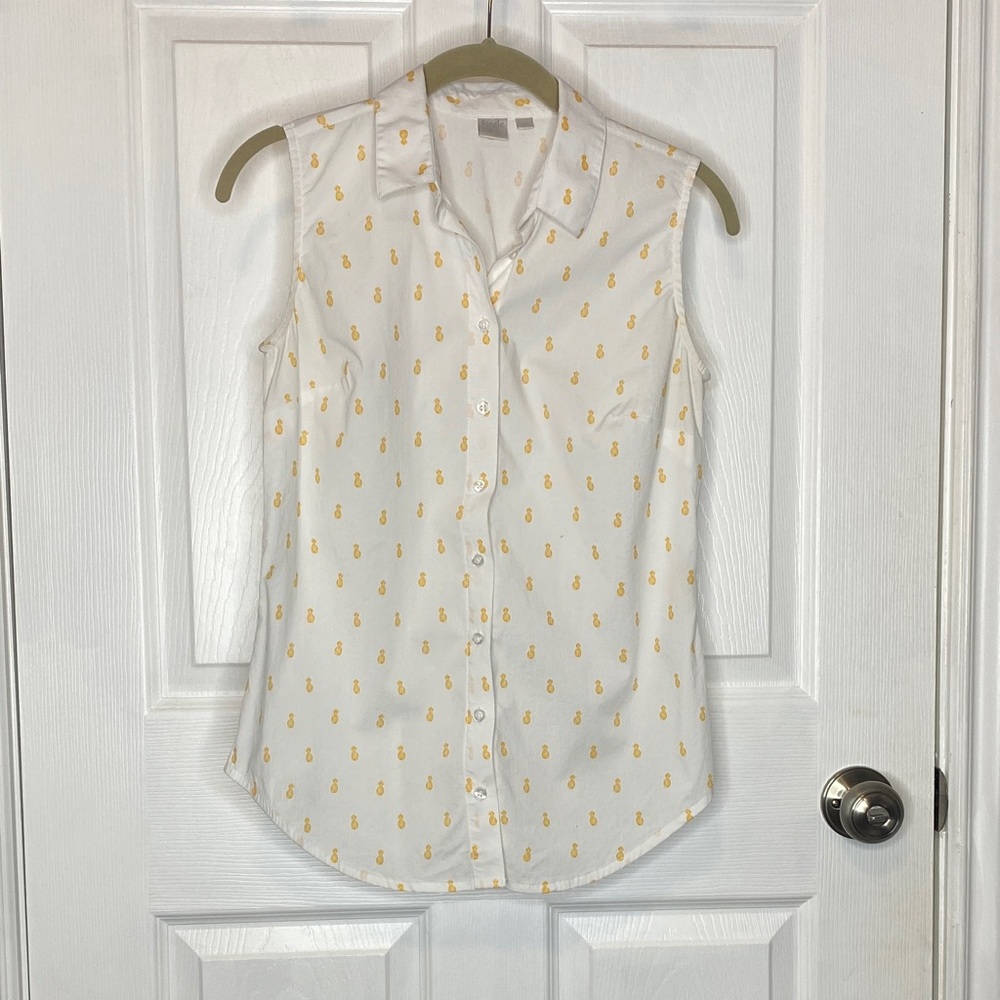 Twik White Yellow Pineapple Print Sleeveless Button Front Shirt Summer P/S - Picture 6 of 15